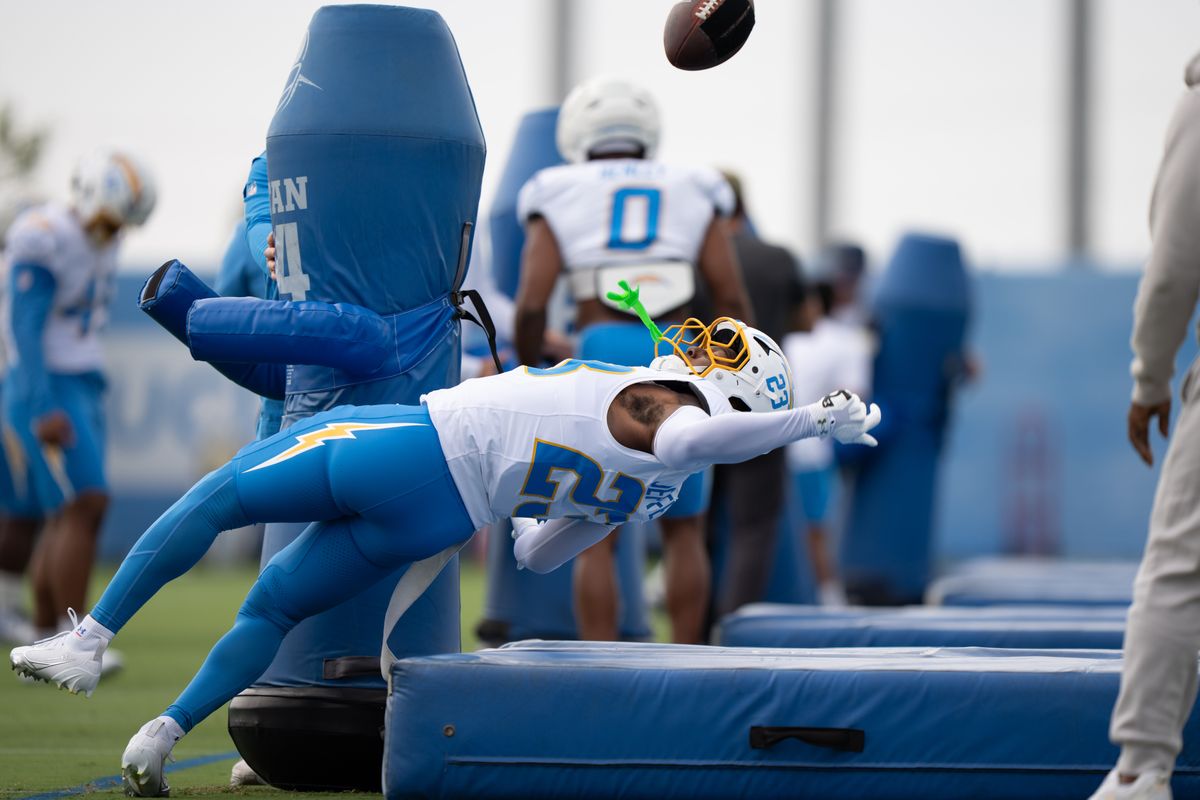 Los Angeles Chargers safety Tony Jefferson (23) stripping the ball during a drill during Chargers training camp at The Bolt on Saturday, August 15th in El Segundo, CA. Los Angeles Chargers safety Tony Jefferson (23) stripping the ball during a drill during Chargers training camp at The Bolt on Saturday, August 15th in El Segundo, CA.