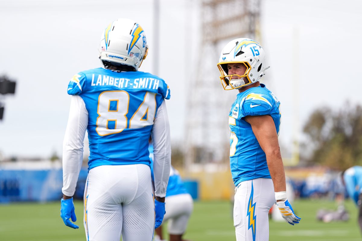 Los Angeles Chargers wide receivers KeAndre Lambert-Smith (84) and Ladd McConkey (15) discussing routes during Chargers training camp at The Bolt on Saturday, August 15th in El Segundo, CA. Los Angeles Chargers wide receivers KeAndre Lambert-Smith (84) and Ladd McConkey (15) discussing routes during Chargers training camp at The Bolt on Saturday, August 15th in El Segundo, CA.