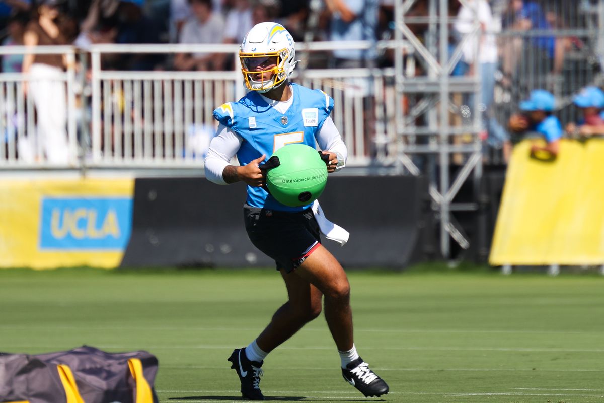 Trey Lance #5 of the Los Angeles Chargers participates in drills during training camp at The Bolt on August 17, 2026 in El Segundo, California. Trey Lance #5 of the Los Angeles Chargers participates in drills during training camp at The Bolt on August 17, 2026 in El Segundo, California.