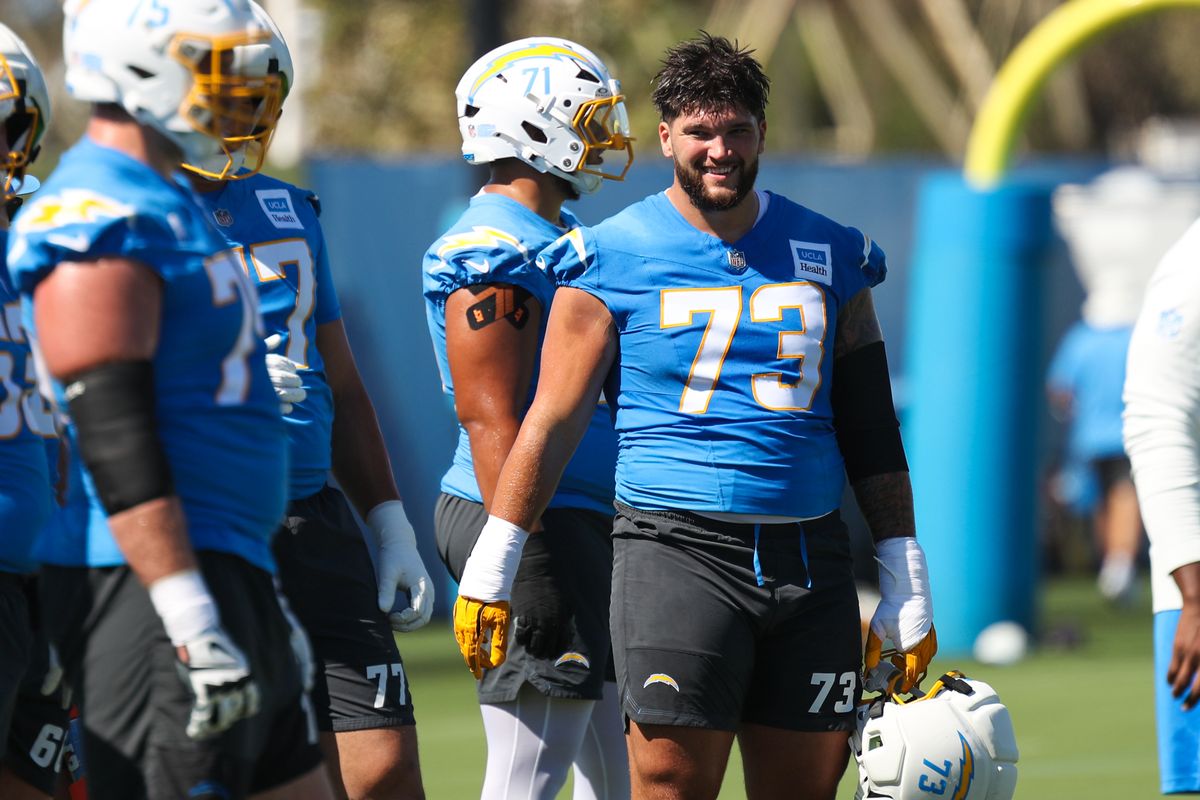 Alex Harkey #73 of the Los Angeles Chargers looks on during training camp at The Bolt on August 17, 2026 in El Segundo, California. Alex Harkey #73 of the Los Angeles Chargers looks on during training camp at The Bolt on August 17, 2026 in El Segundo, California.