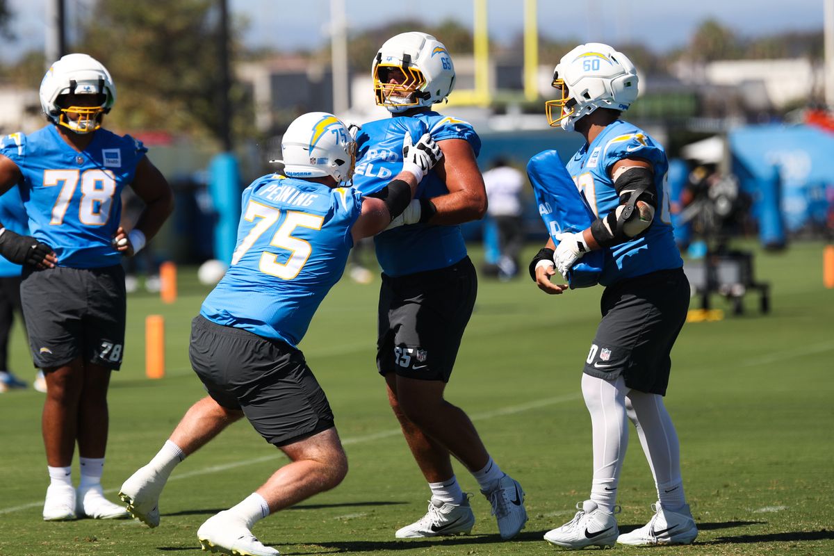 Trevor Penning #75 of the Los Angeles Chargers participates in drills during training camp at The Bolt on August 17, 2026 in El Segundo, California. Trevor Penning #75 of the Los Angeles Chargers participates in drills during training camp at The Bolt on August 17, 2026 in El Segundo, California.