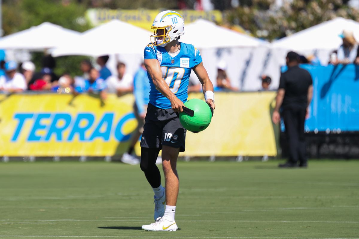 Justin Herbert #10 of the Los Angeles Chargers participates in drills during training camp at The Bolt on August 17, 2026 in El Segundo, California. Justin Herbert #10 of the Los Angeles Chargers participates in drills during training camp at The Bolt on August 17, 2026 in El Segundo, California.
