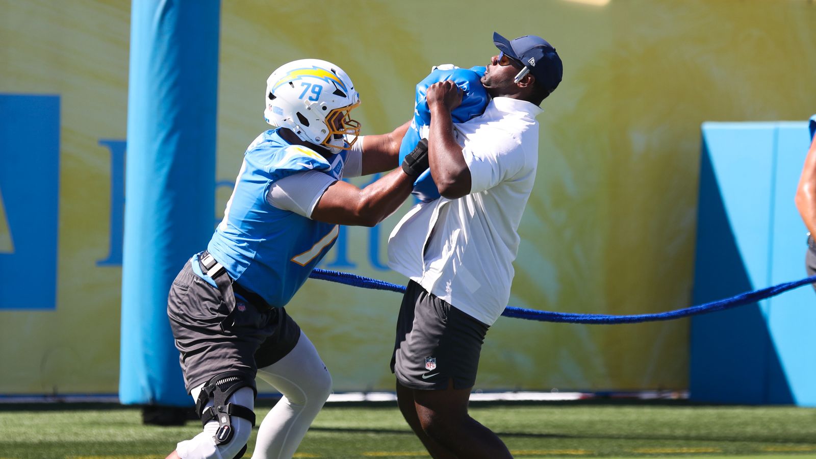Trey Pipkins III #79 of the Los Angeles Chargers participates in drills during training camp at The Bolt on August 17, 2026 in El Segundo, California. Trey Pipkins III #79 of the Los Angeles Chargers participates in drills during training camp at The Bolt on August 17, 2026 in El Segundo, California.