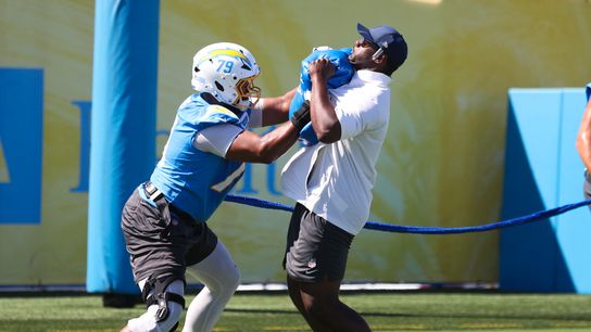 Trey Pipkins III #79 of the Los Angeles Chargers participates in drills during training camp at The Bolt on August 17, 2026 in El Segundo, California. Trey Pipkins III #79 of the Los Angeles Chargers participates in drills during training camp at The Bolt on August 17, 2026 in El Segundo, California.
