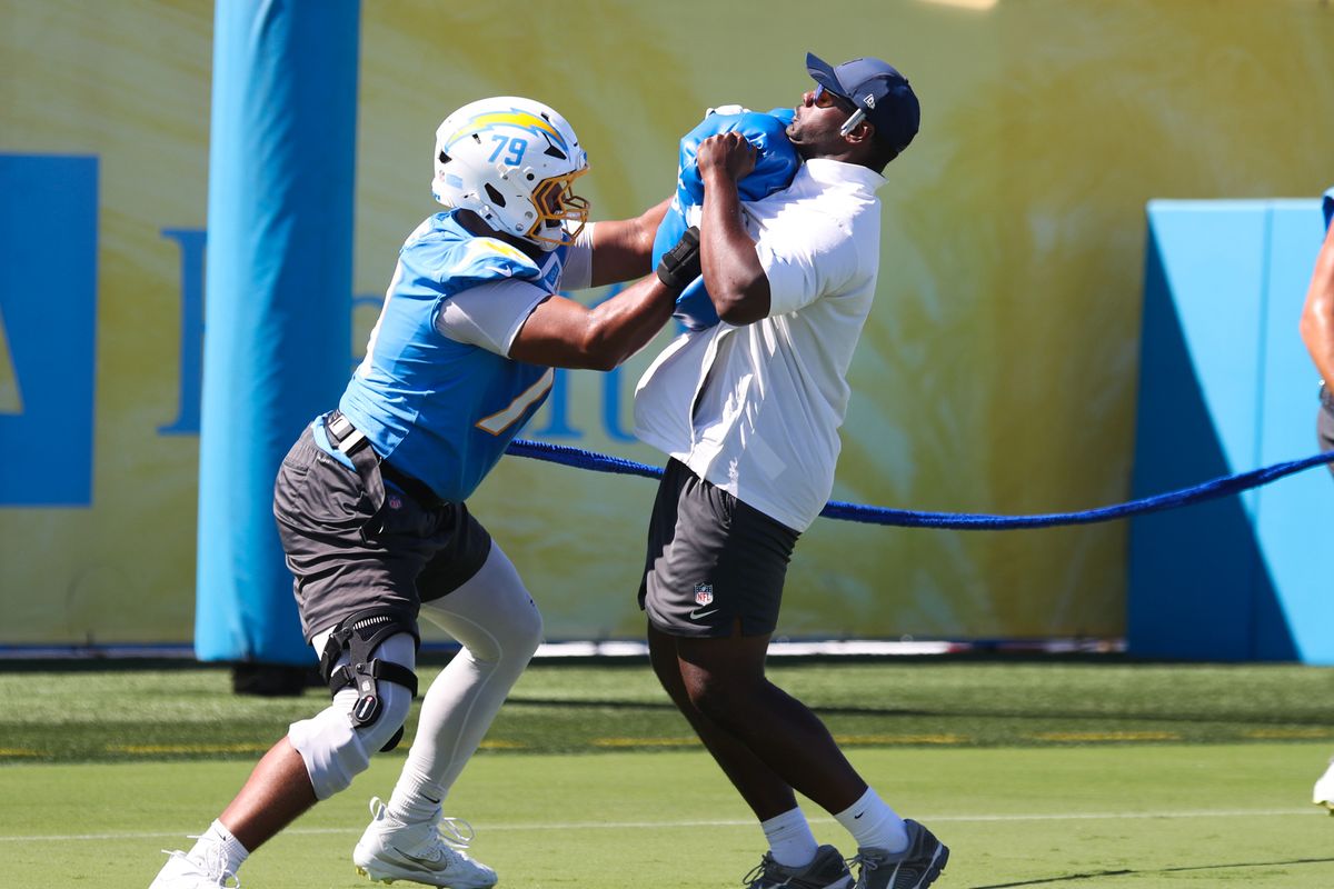 Trey Pipkins III #79 of the Los Angeles Chargers participates in drills during training camp at The Bolt on August 17, 2026 in El Segundo, California. Trey Pipkins III #79 of the Los Angeles Chargers participates in drills during training camp at The Bolt on August 17, 2026 in El Segundo, California.