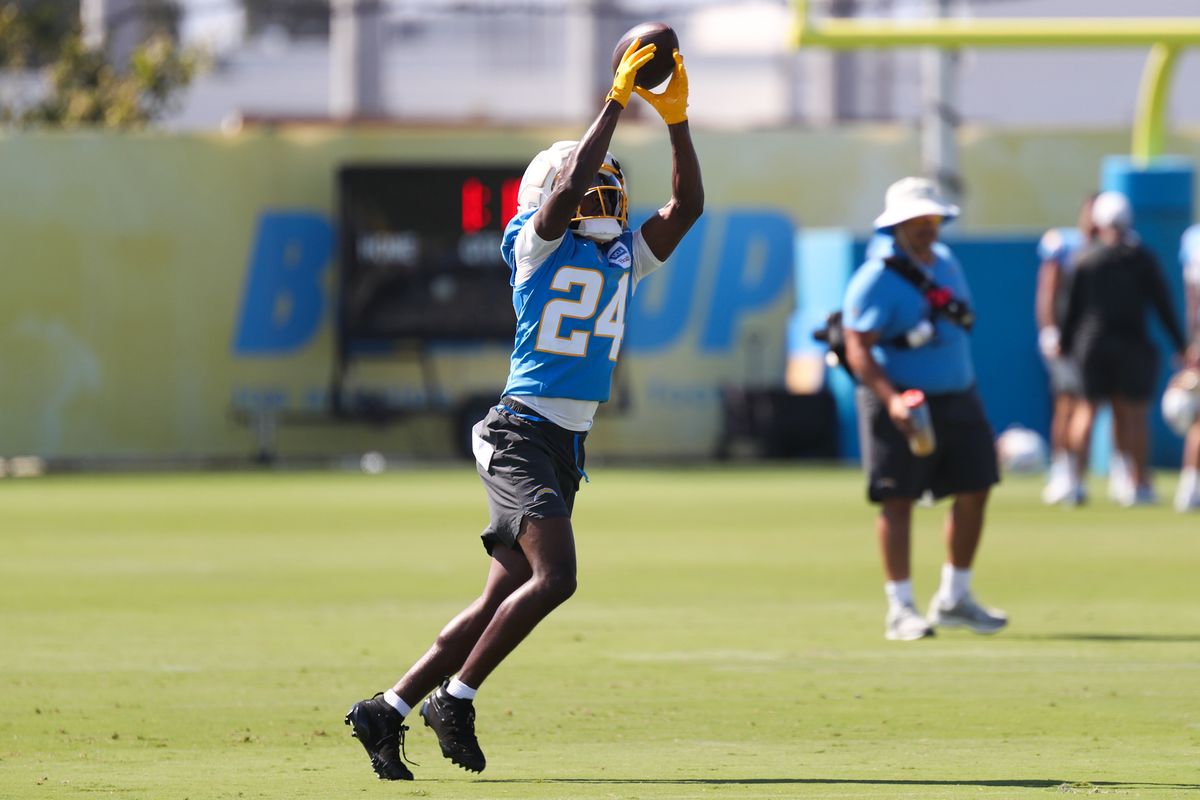 Devonte Ross #24 of the Los Angeles Chargers catches a pass during training camp at The Bolt on August 17, 2026 in El Segundo, California. Devonte Ross #24 of the Los Angeles Chargers catches a pass during training camp at The Bolt on August 17, 2026 in El Segundo, California.