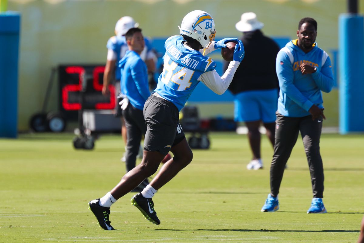 KeAndre Lambert-Smith #84 of the Los Angeles Chargers catches a pass during training camp at The Bolt on August 17, 2026 in El Segundo, California. KeAndre Lambert-Smith #84 of the Los Angeles Chargers catches a pass during training camp at The Bolt on August 17, 2026 in El Segundo, California.