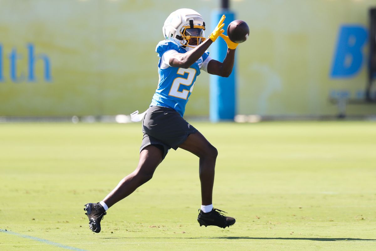 Devonte Ross #24 of the Los Angeles Chargers catches a pass during training camp at The Bolt on August 17, 2026 in El Segundo, California. Devonte Ross #24 of the Los Angeles Chargers catches a pass during training camp at The Bolt on August 17, 2026 in El Segundo, California.