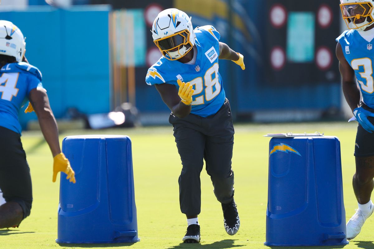 Kimani Vidal #28 of the Los Angeles Chargers participates in drills during training camp at The Bolt on August 17, 2026 in El Segundo, California. Kimani Vidal #28 of the Los Angeles Chargers participates in drills during training camp at The Bolt on August 17, 2026 in El Segundo, California.