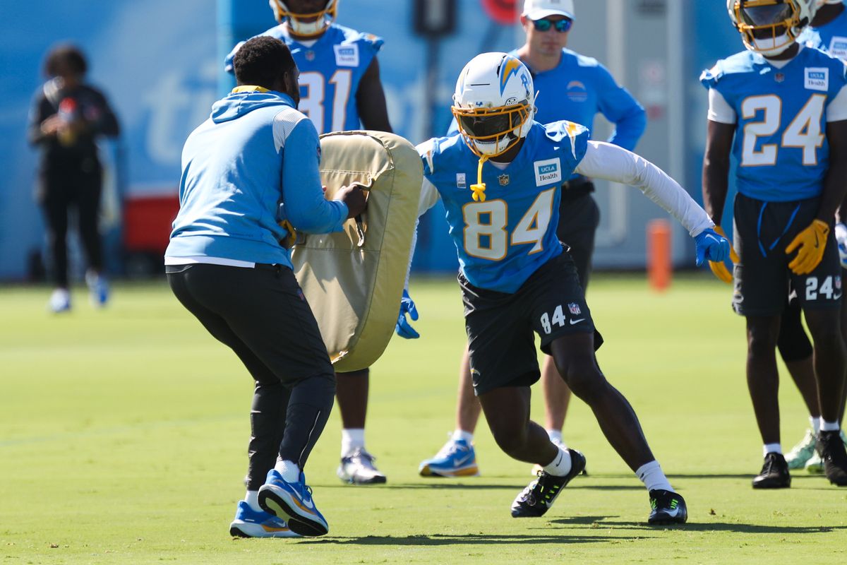 KeAndre Lambert-Smith #84 of the Los Angeles Chargers participates in drills during training camp at The Bolt on August 17, 2026 in El Segundo, California. KeAndre Lambert-Smith #84 of the Los Angeles Chargers participates in drills during training camp at The Bolt on August 17, 2026 in El Segundo, California.