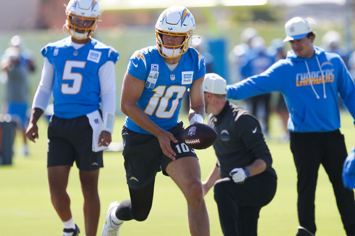 Justin Herbert #10 of the Los Angeles Chargers participates in drills during training camp at The Bolt on August 17, 2026 in El Segundo, California. Justin Herbert #10 of the Los Angeles Chargers participates in drills during training camp at The Bolt on August 17, 2026 in El Segundo, California.