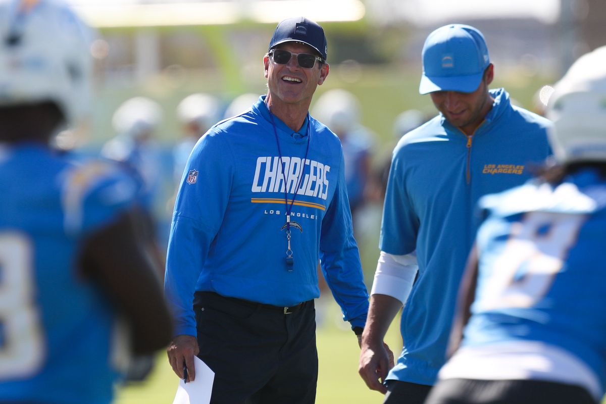 Head Coach Jim Harbaugh of the Los Angeles Chargers looks on during training camp at The Bolt on August 17, 2026 in El Segundo, California. Head Coach Jim Harbaugh of the Los Angeles Chargers looks on during training camp at The Bolt on August 17, 2026 in El Segundo, California.