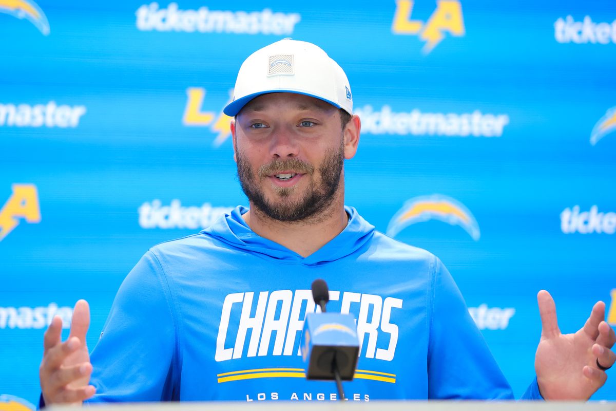 Jake Slaughter #66 of the Los Angeles Chargers speaks to the media during training camp at The Bolt on August 17, 2026 in El Segundo, California. Jake Slaughter #66 of the Los Angeles Chargers speaks to the media during training camp at The Bolt on August 17, 2026 in El Segundo, California.