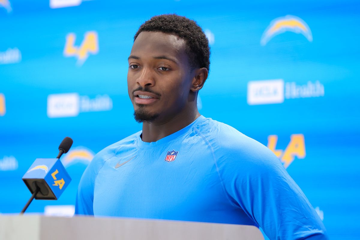 Kimani Vidal #28 of the Los Angeles Chargers speaks to the media during training camp at The Bolt on August 17, 2026 in El Segundo, California. Kimani Vidal #28 of the Los Angeles Chargers speaks to the media during training camp at The Bolt on August 17, 2026 in El Segundo, California.
