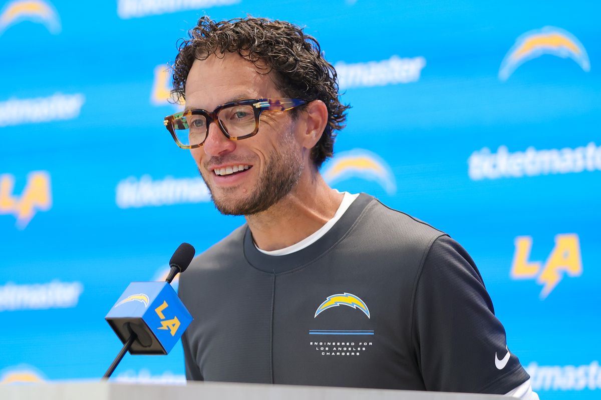 Offensive Coordinator Mike McDaniel of the Los Angeles Chargers speaks to the media during training camp at The Bolt on August 17, 2026 in El Segundo, California. Offensive Coordinator Mike McDaniel of the Los Angeles Chargers speaks to the media during training camp at The Bolt on August 17, 2026 in El Segundo, California.