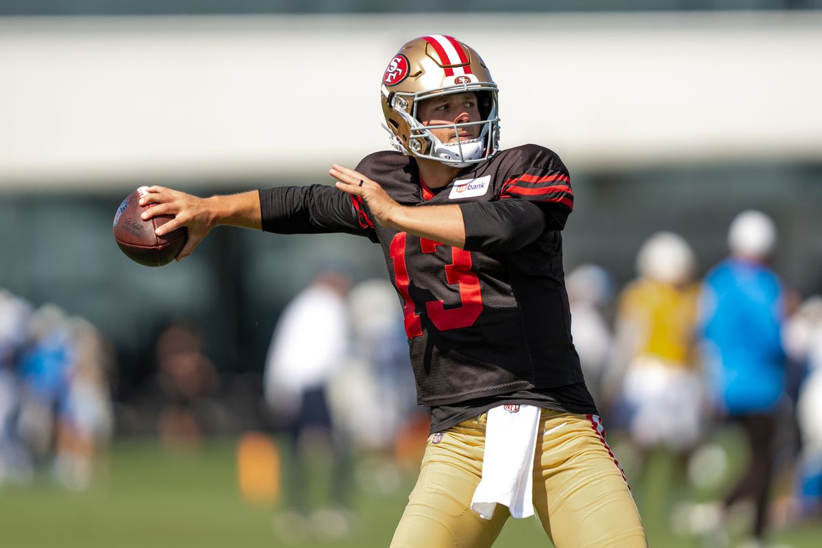 San Francisco 49ers quarterback Brock Purdy (13) passing the football during a joint Chargers and 49ers training camp at The Bolt on Saturday, August 18th in El Segundo, CA. San Francisco 49ers quarterback Brock Purdy (13) passing the football during a joint Chargers and 49ers training camp at The Bolt on Saturday, August 18th in El Segundo, CA.