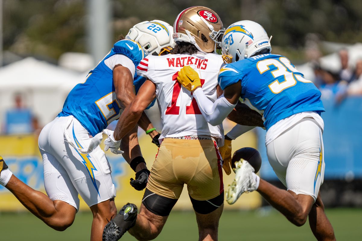 Los Angeles Chargers safety Genesis Smith (22) and corner back Eric Rogers (39) working together to break up a pass intended for 49ers wide receiver Jordan Watkins (17) during a joint Chargers and 49ers training camp at The Bolt on Saturday, August 18th in El Segundo, CA. Los Angeles Chargers safety Genesis Smith (22) and corner back Eric Rogers (39) working together to break up a pass intended for 49ers wide receiver Jordan Watkins (17) during a joint Chargers and 49ers training camp at The Bolt on Saturday, August 18th in El Segundo, CA.