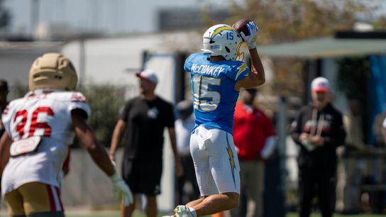 Los Angeles Chargers wide receiver Ladd McConkey (15) making a leaping catch during a joint Chargers and 49ers training camp at The Bolt on Saturday, August 18th in El Segundo, CA. Los Angeles Chargers wide receiver Ladd McConkey (15) making a leaping catch during a joint Chargers and 49ers training camp at The Bolt on Saturday, August 18th in El Segundo, CA.