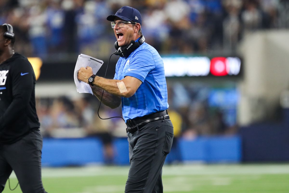 Los Angeles Chargers head coach Jim Harbaugh reacts to a defensive stop during an NFL preseason game between the Los Angeles Rams and Los Angeles Chargers on Saturday, August 27, 2026 at SoFi Stadium in Inglewood, California.