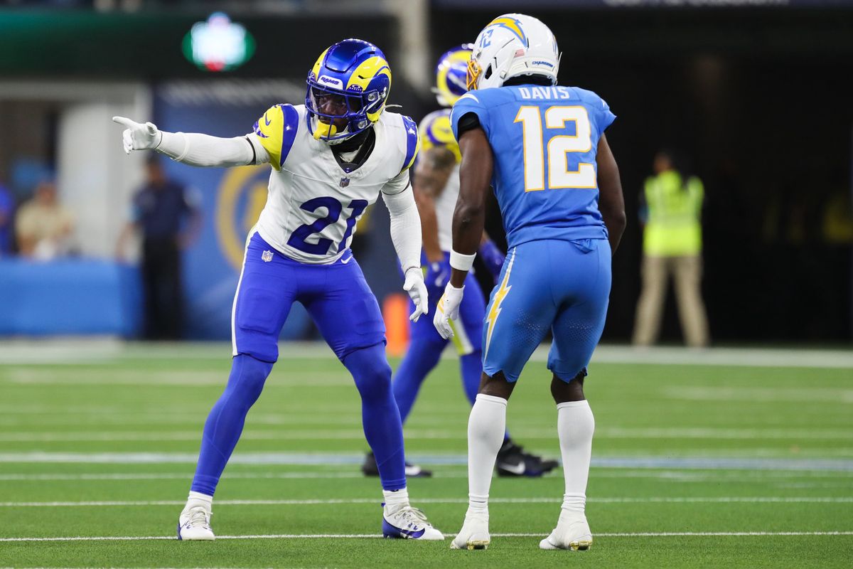 Los Angeles Rams cornerback Cam Lampkin (21) signals to the referee during an NFL preseason game between the Los Angeles Chargers and Los Angeles Rams on Saturday, August 27, 2026 at SoFi Stadium in Inglewood, California.