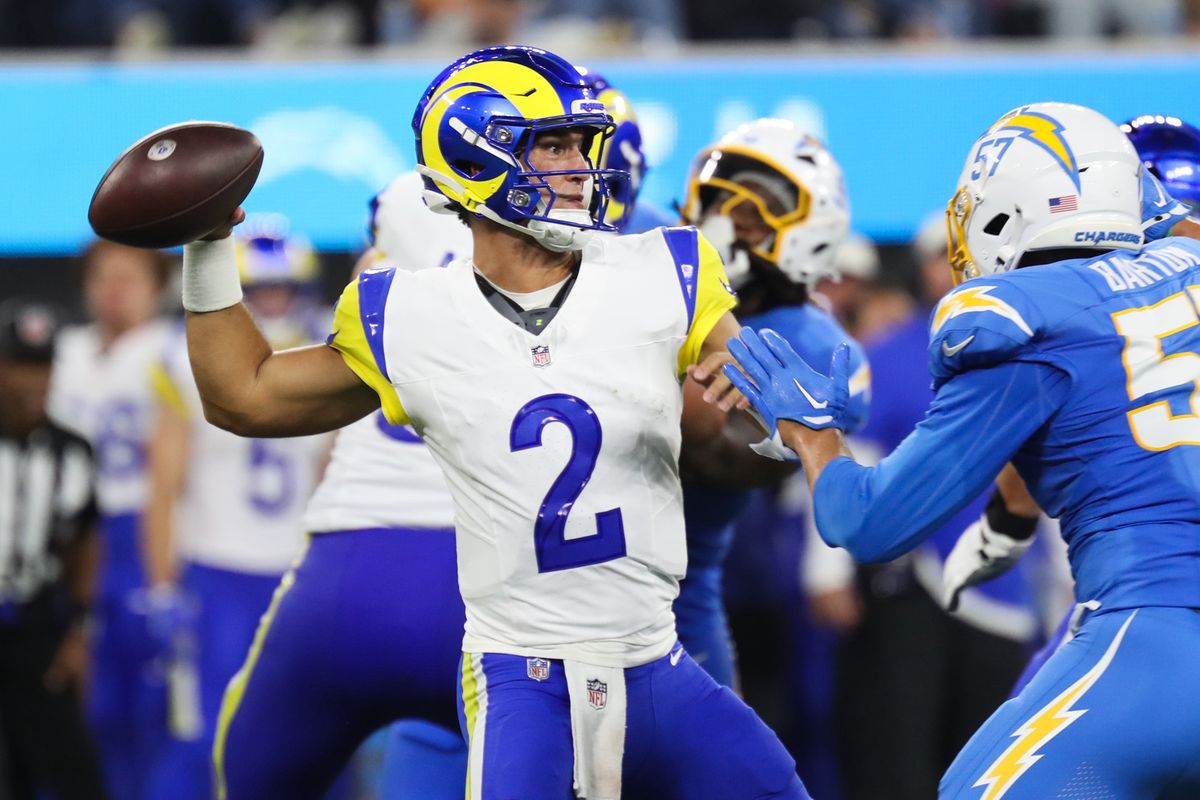 Los Angeles Rams quarterback Matthew Caldwell (2) throws a pass during an NFL preseason game between the Los Angeles Chargers and Los Angeles Rams on Saturday, August 27, 2026 at SoFi Stadium in Inglewood, California.