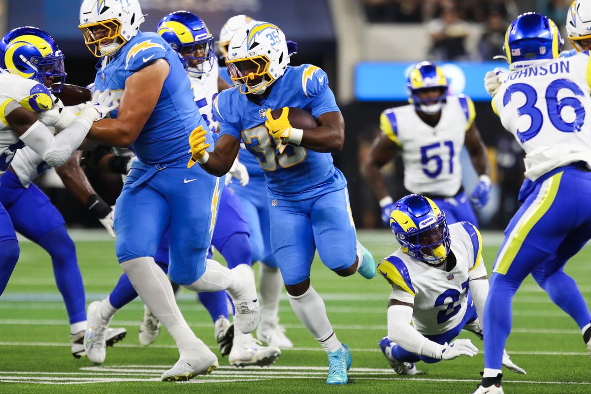 Los Angeles Chargers running back Amar Johnson (35) runs with the football during an NFL preseason game between the Los Angeles Rams and Los Angeles Chargers on Saturday, August 27, 2026 at SoFi Stadium in Inglewood, California.