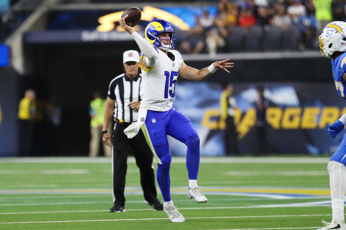Los Angeles Rams quarterback Ty Simpson (15) throws a pass during an NFL preseason game between the Los Angeles Chargers and Los Angeles Rams on Saturday, August 27, 2026 at SoFi Stadium in Inglewood, California.