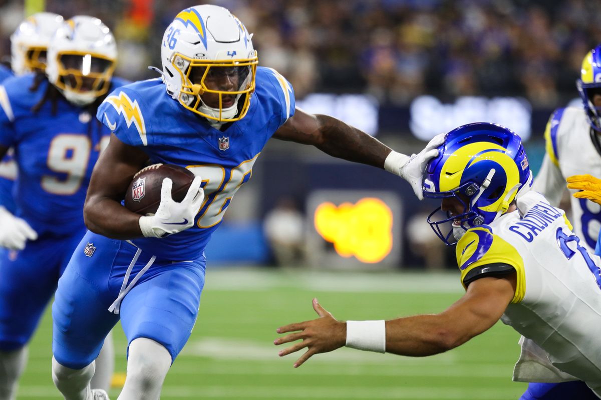 Los Angeles Chargers cornerback Avery Smith (36) runs with the football during an NFL preseason game between the Los Angeles Rams and Los Angeles Chargers on Saturday, August 27, 2026 at SoFi Stadium in Inglewood, California.
