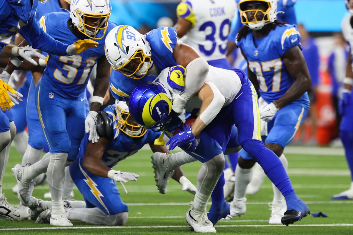 Los Angeles Chargers linebacker Garmon Randolph (97) makes a tackle during an NFL preseason game between the Los Angeles Rams and Los Angeles Chargers on Saturday, August 27, 2026 at SoFi Stadium in Inglewood, California.