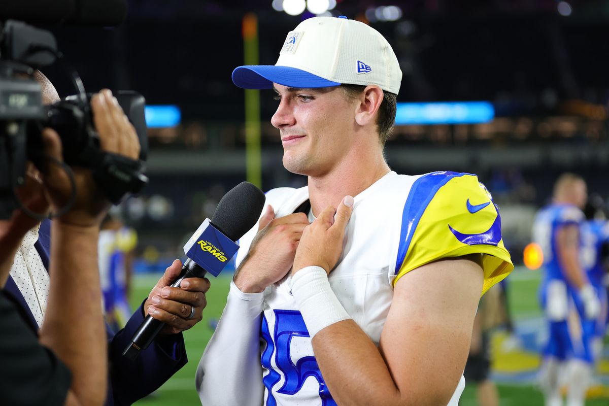 Los Angeles Rams quarterback Ty Simpson (15) talks to the media after an NFL preseason game between the Los Angeles Chargers and Los Angeles Rams on Saturday, August 27, 2026 at SoFi Stadium in Inglewood, California.
