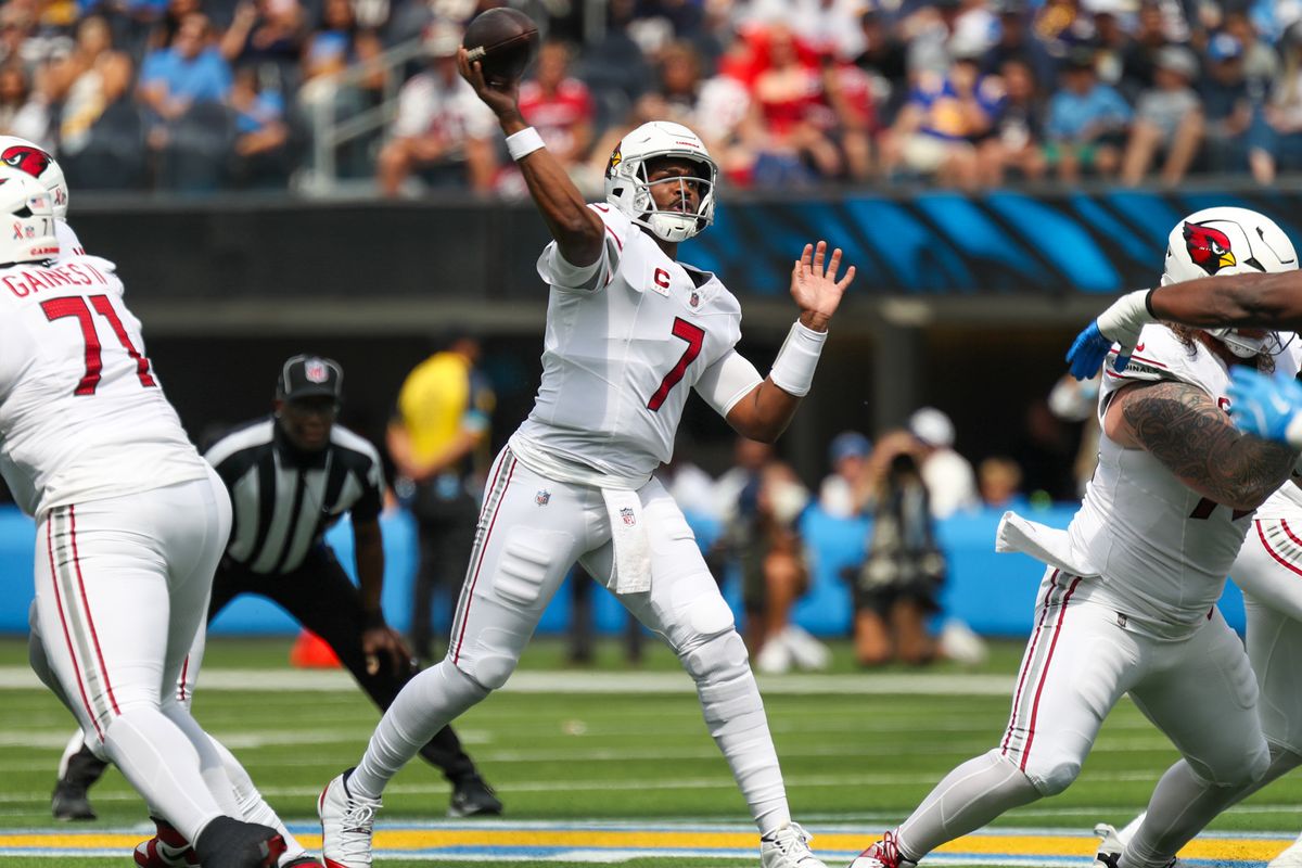 Arizona Cardinals QB Jacoby Brissett (7) throws a pass during an NFL game between the Arizona Cardinals and the Los Angeles Chargers on Sunday, September 13, 2026 at SoFi Stadium in Inglewood, California. Arizona Cardinals QB Jacoby Brissett (7) throws a pass during an NFL game between the Arizona Cardinals and the Los Angeles Chargers on Sunday, September 13, 2026 at SoFi Stadium in Inglewood, California.