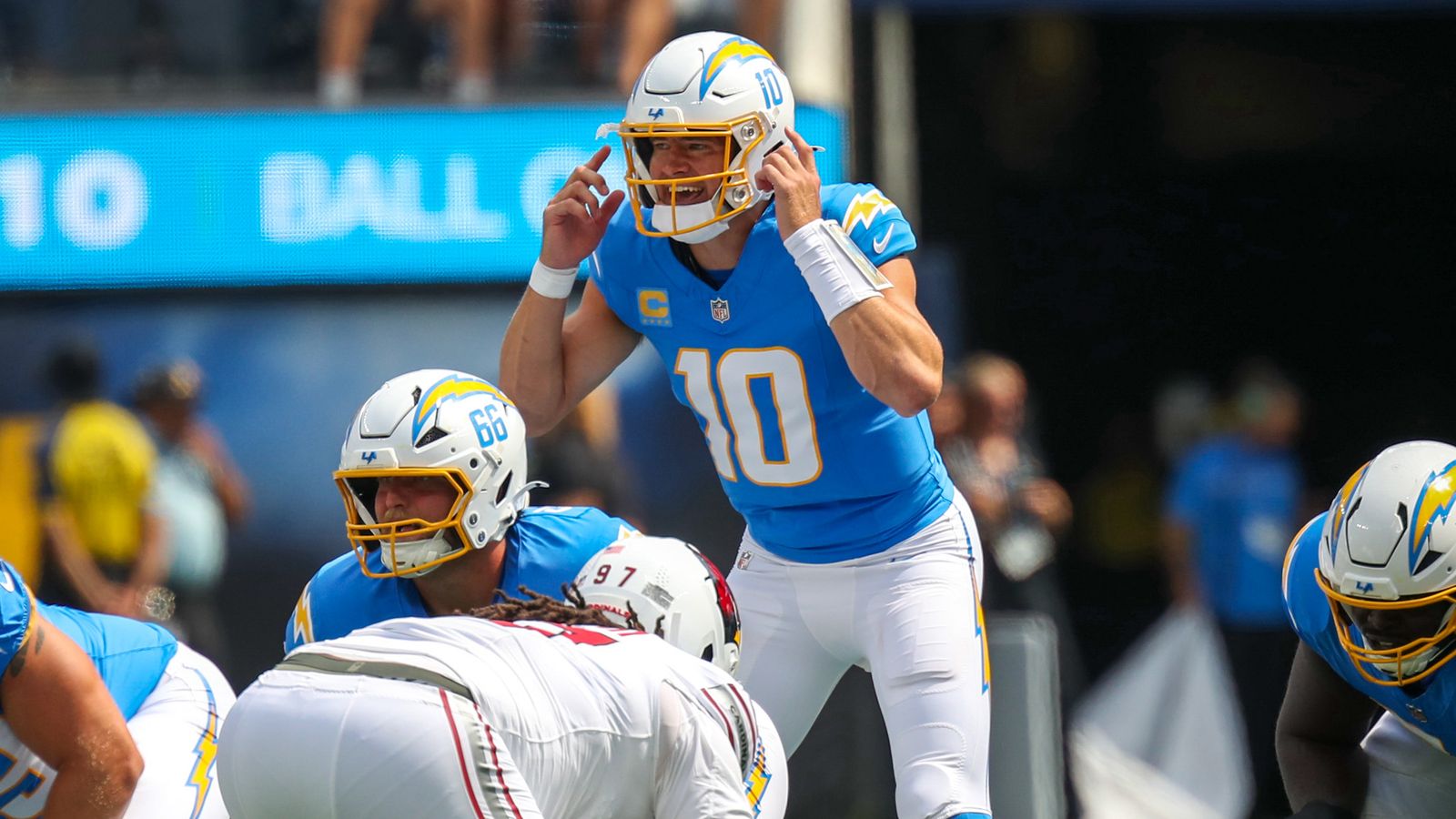 Los Angeles Chargers QB Justin Herbert (10) calls signals at the line of scrimmage during an NFL game between the Los Angeles Chargers and Arizona Cardinals on Sunday, September 13, 2026 at SoFi Stadium in Inglewood, California. Los Angeles Chargers QB Justin Herbert (10) calls signals at the line of scrimmage during an NFL game between the Los Angeles Chargers and Arizona Cardinals on Sunday, September 13, 2026 at SoFi Stadium in Inglewood, California.