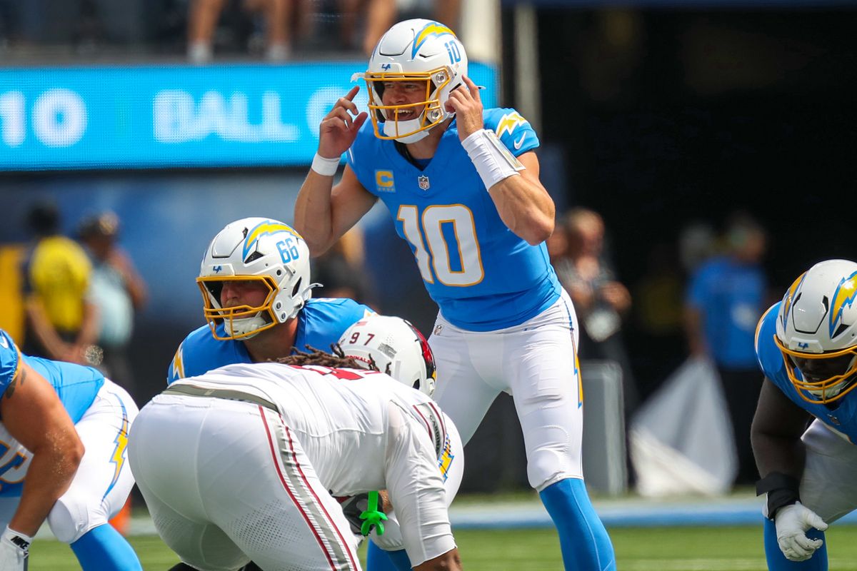 Los Angeles Chargers QB Justin Herbert (10) calls signals at the line of scrimmage during an NFL game between the Los Angeles Chargers and Arizona Cardinals on Sunday, September 13, 2026 at SoFi Stadium in Inglewood, California. Los Angeles Chargers QB Justin Herbert (10) calls signals at the line of scrimmage during an NFL game between the Los Angeles Chargers and Arizona Cardinals on Sunday, September 13, 2026 at SoFi Stadium in Inglewood, California.