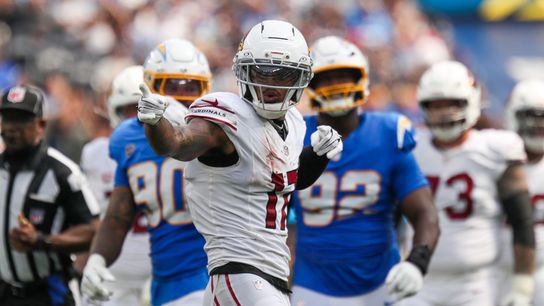 Arizona Cardinals WR Kendrick Bourne (17) celebrates a first down conversion during an NFL game between the Arizona Cardinals and the Los Angeles Chargers on Sunday, September 13, 2026 at SoFi Stadium in Inglewood, California.