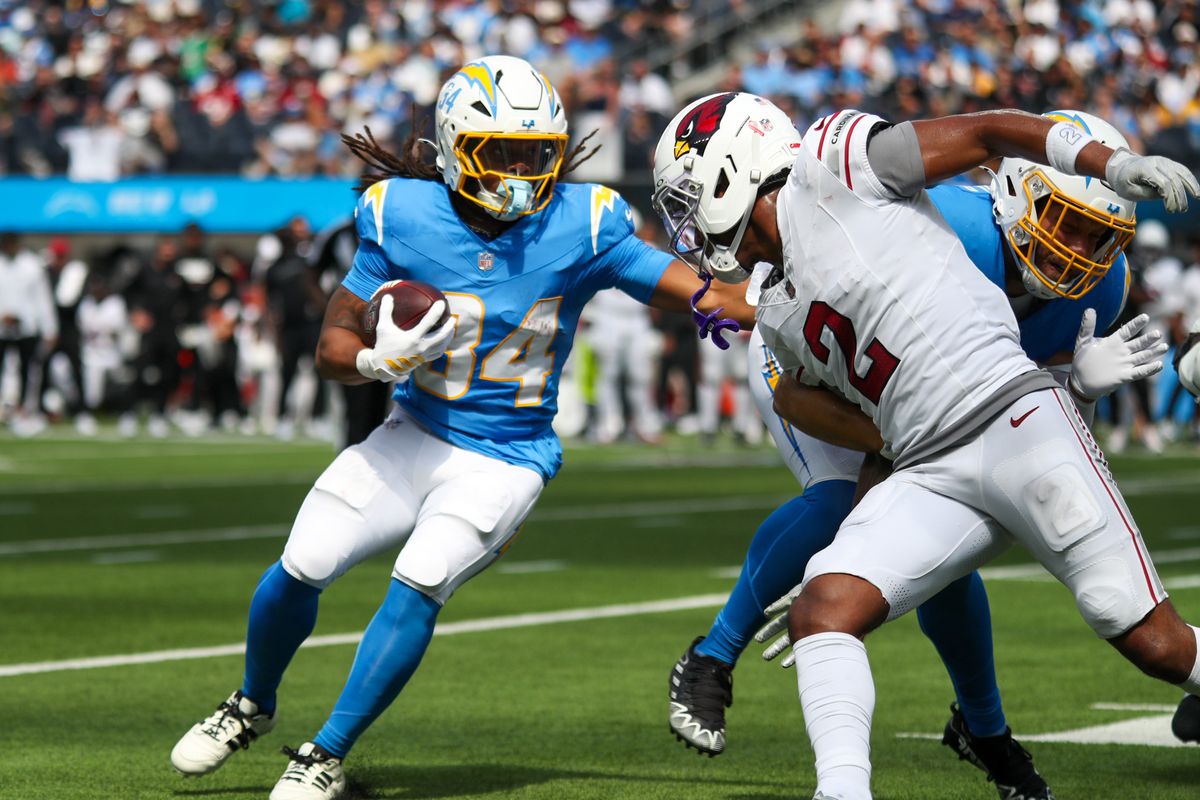 Los Angeles Chargers RB Keaton Mitchell (34) runs the football during an NFL game between the Los Angeles Chargers and Arizona Cardinals on Sunday, September 13, 2026 at SoFi Stadium in Inglewood, California. Los Angeles Chargers RB Keaton Mitchell (34) runs the football during an NFL game between the Los Angeles Chargers and Arizona Cardinals on Sunday, September 13, 2026 at SoFi Stadium in Inglewood, California.