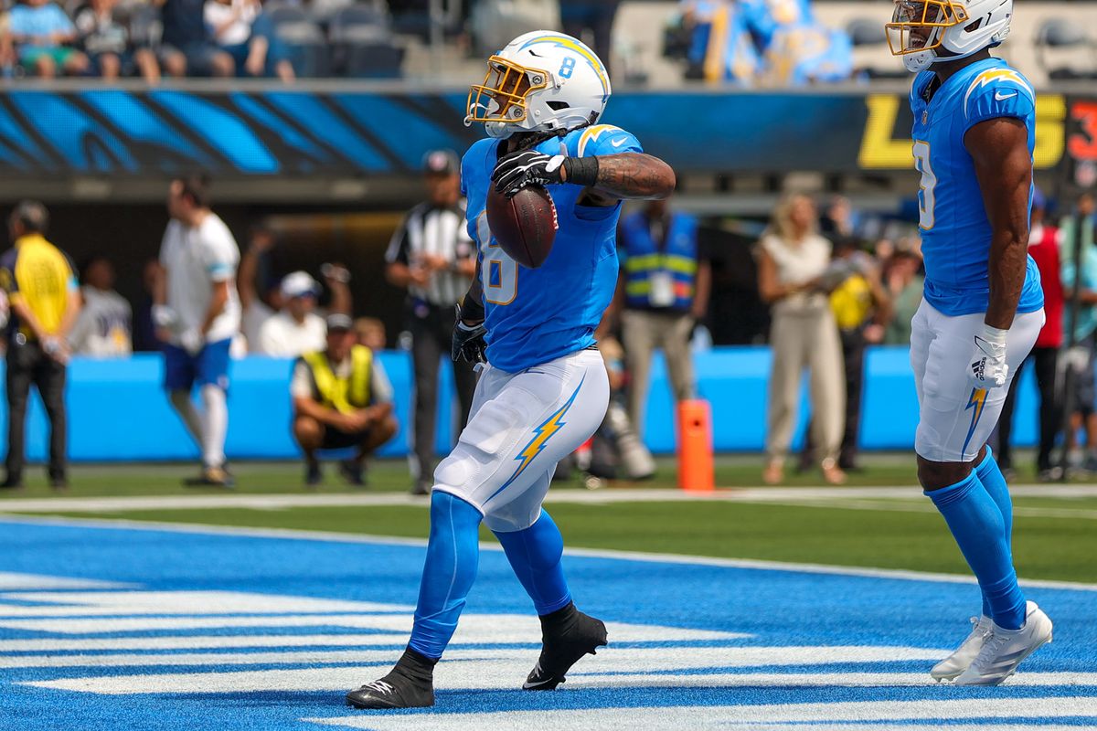 Los Angeles Chargers RB Omarion Hampton (8) celebrates a touchdown run during an NFL game between the Los Angeles Chargers and Arizona Cardinals on Sunday, September 13, 2026 at SoFi Stadium in Inglewood, California. Los Angeles Chargers RB Omarion Hampton (8) celebrates a touchdown run during an NFL game between the Los Angeles Chargers and Arizona Cardinals on Sunday, September 13, 2026 at SoFi Stadium in Inglewood, California.