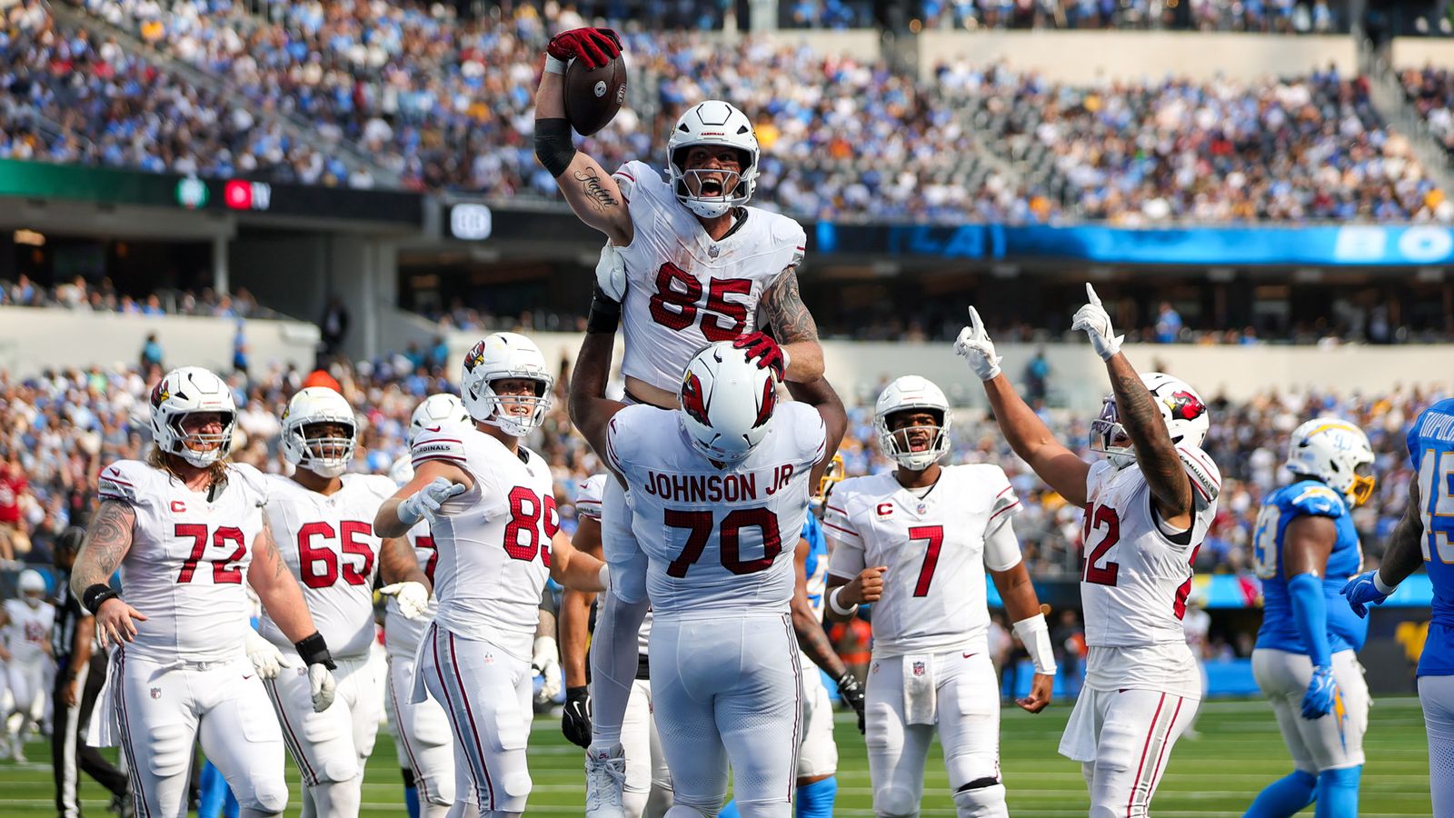 Arizona Cardinals TE Trey McBride (85) celebrates a touchdown with teammates during an NFL game between the Arizona Cardinals and the Los Angeles Chargers on Sunday, September 13, 2026 at SoFi Stadium in Inglewood, California.