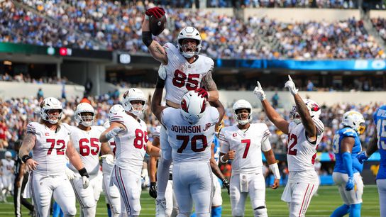 Arizona Cardinals TE Trey McBride (85) celebrates a touchdown with teammates during an NFL game between the Arizona Cardinals and the Los Angeles Chargers on Sunday, September 13, 2026 at SoFi Stadium in Inglewood, California. Arizona Cardinals TE Trey McBride (85) celebrates a touchdown with teammates during an NFL game between the Arizona Cardinals and the Los Angeles Chargers on Sunday, September 13, 2026 at SoFi Stadium in Inglewood, California.
