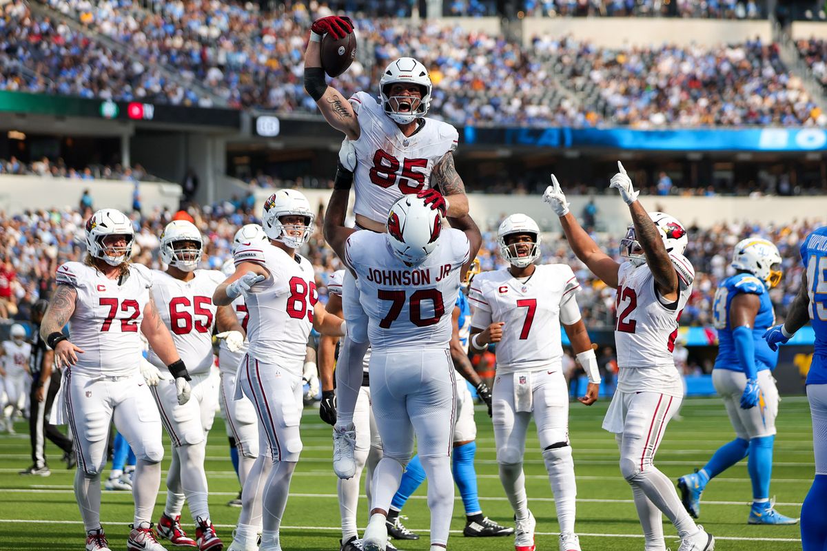 Arizona Cardinals TE Trey McBride (85) celebrates a touchdown with teammates during an NFL game between the Arizona Cardinals and the Los Angeles Chargers on Sunday, September 13, 2026 at SoFi Stadium in Inglewood, California. Arizona Cardinals TE Trey McBride (85) celebrates a touchdown with teammates during an NFL game between the Arizona Cardinals and the Los Angeles Chargers on Sunday, September 13, 2026 at SoFi Stadium in Inglewood, California.