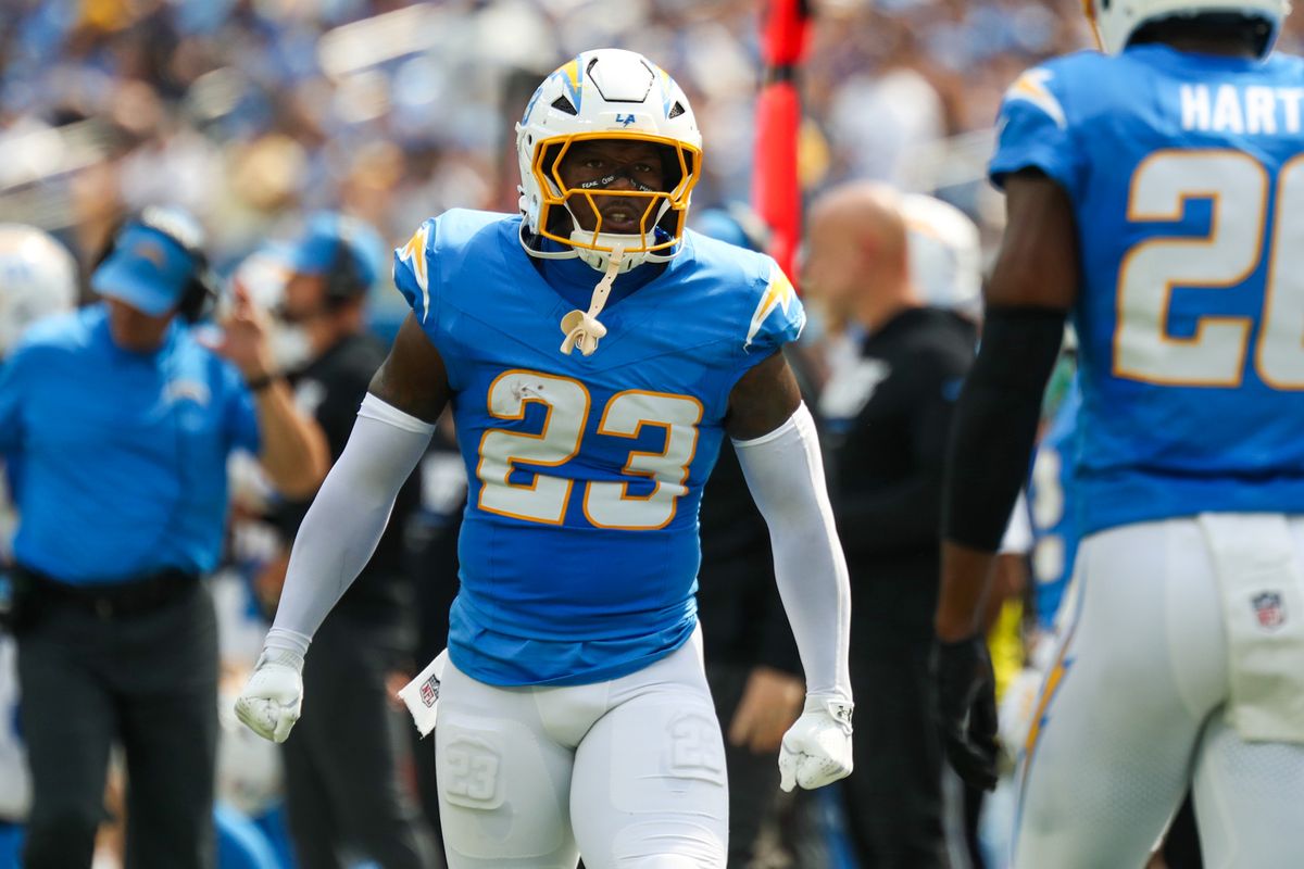 Los Angeles Chargers S Tony Jefferson (23) celebrates a defensive stop during an NFL game between the Los Angeles Chargers and Arizona Cardinals on Sunday, September 13, 2026 at SoFi Stadium in Inglewood, California. Los Angeles Chargers S Tony Jefferson (23) celebrates a defensive stop during an NFL game between the Los Angeles Chargers and Arizona Cardinals on Sunday, September 13, 2026 at SoFi Stadium in Inglewood, California.