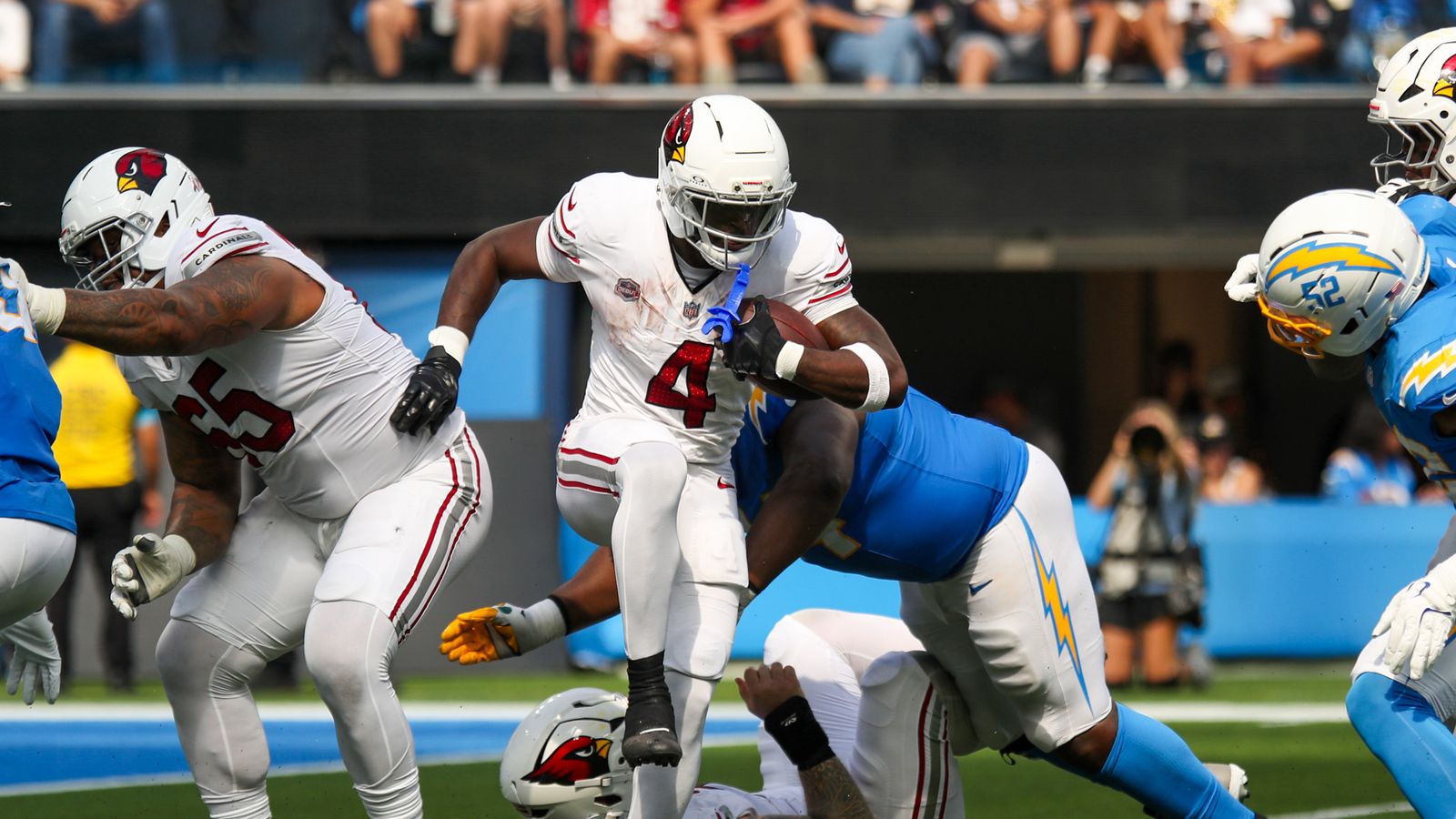 Arizona Cardinals RB Jeremiyah Love (4) runs the football during an NFL game between the Arizona Cardinals and the Los Angeles Chargers on Sunday, September 13, 2026 at SoFi Stadium in Inglewood, California.