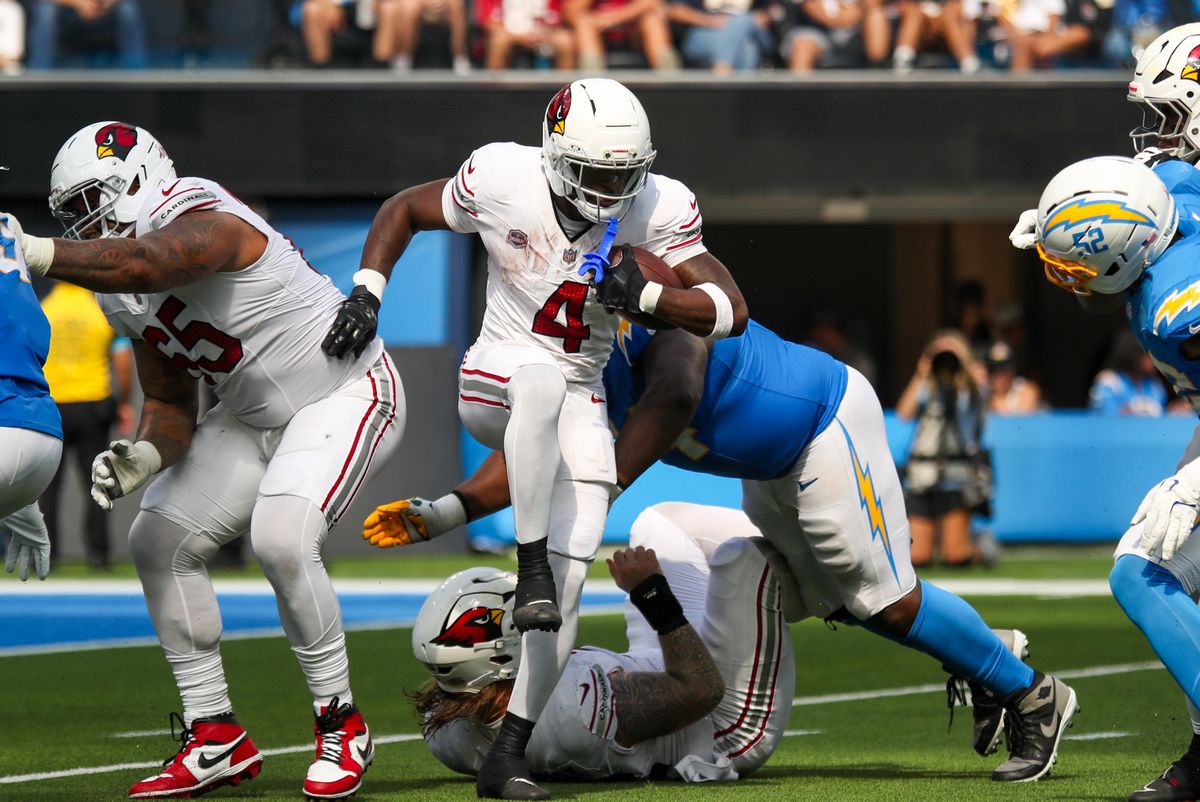 Arizona Cardinals RB Jeremiyah Love (4) runs the football during an NFL game between the Arizona Cardinals and the Los Angeles Chargers on Sunday, September 13, 2026 at SoFi Stadium in Inglewood, California. Arizona Cardinals RB Jeremiyah Love (4) runs the football during an NFL game between the Arizona Cardinals and the Los Angeles Chargers on Sunday, September 13, 2026 at SoFi Stadium in Inglewood, California.