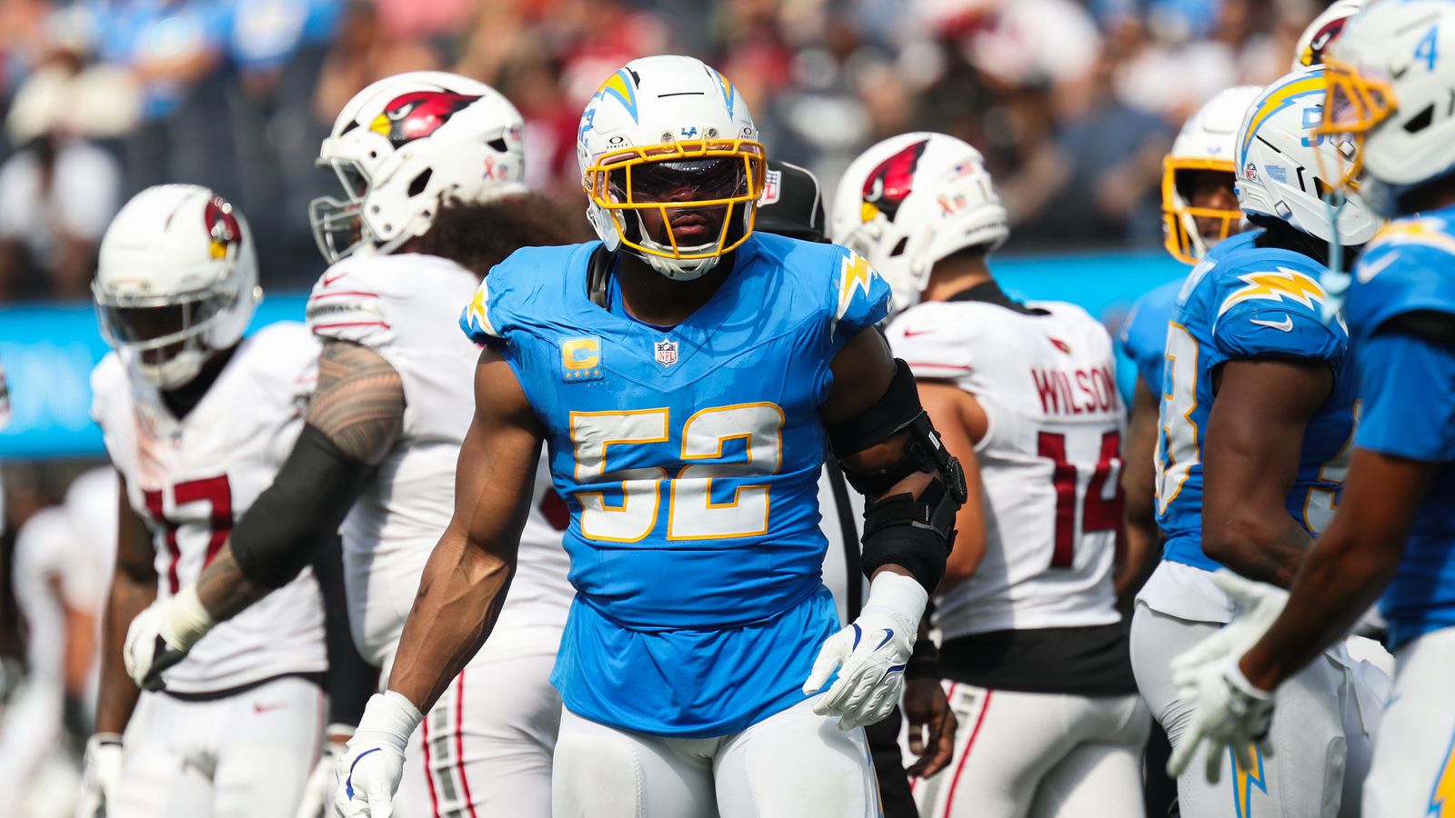Los Angeles Chargers OLB Khalil Mack (52) looks on during an NFL game between the Los Angeles Chargers and Arizona Cardinals on Sunday, September 13, 2026 at SoFi Stadium in Inglewood, California.