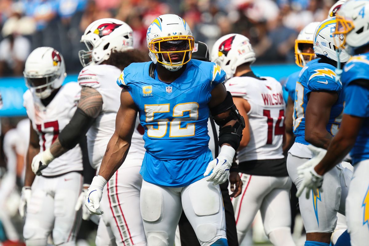 Los Angeles Chargers OLB Khalil Mack (52) looks on during an NFL game between the Los Angeles Chargers and Arizona Cardinals on Sunday, September 13, 2026 at SoFi Stadium in Inglewood, California. Los Angeles Chargers OLB Khalil Mack (52) looks on during an NFL game between the Los Angeles Chargers and Arizona Cardinals on Sunday, September 13, 2026 at SoFi Stadium in Inglewood, California.