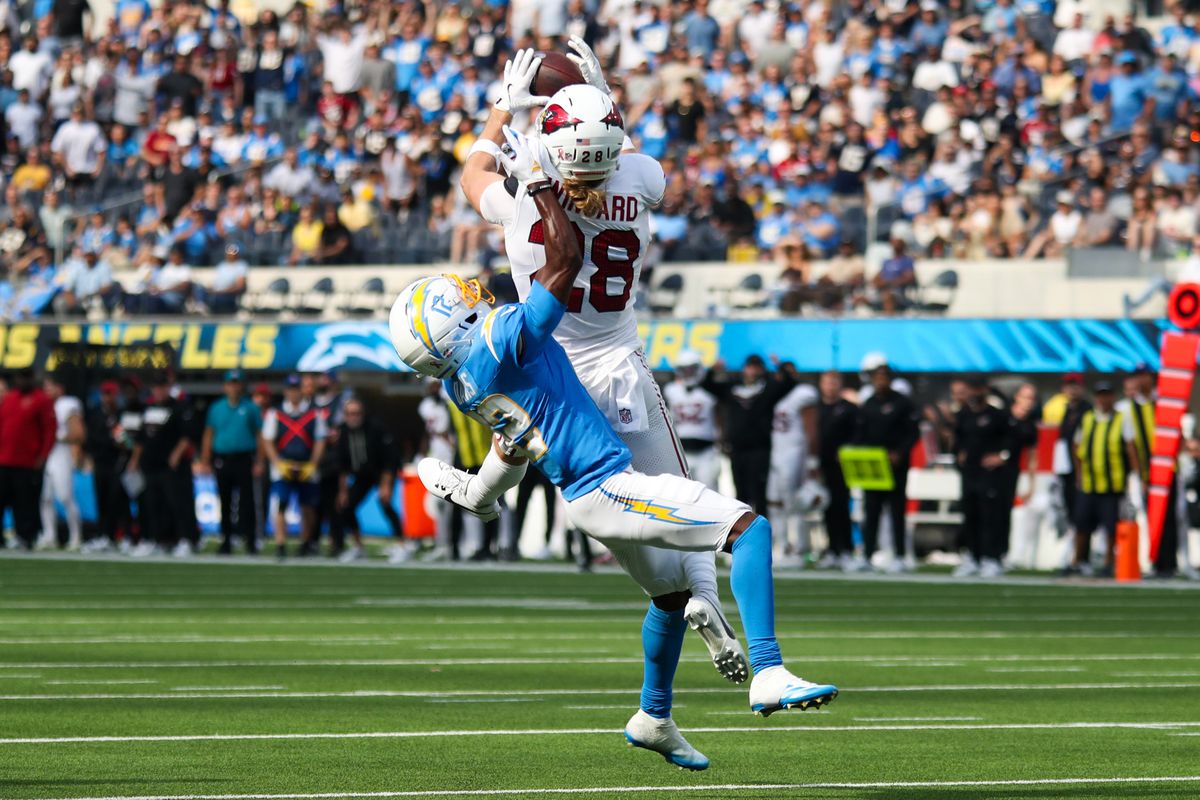 Arizona Cardinals CB Andrew Wingard (28) catches an interception during an NFL game between the Arizona Cardinals and the Los Angeles Chargers on Sunday, September 13, 2026 at SoFi Stadium in Inglewood, California. Arizona Cardinals CB Andrew Wingard (28) catches an interception during an NFL game between the Arizona Cardinals and the Los Angeles Chargers on Sunday, September 13, 2026 at SoFi Stadium in Inglewood, California.