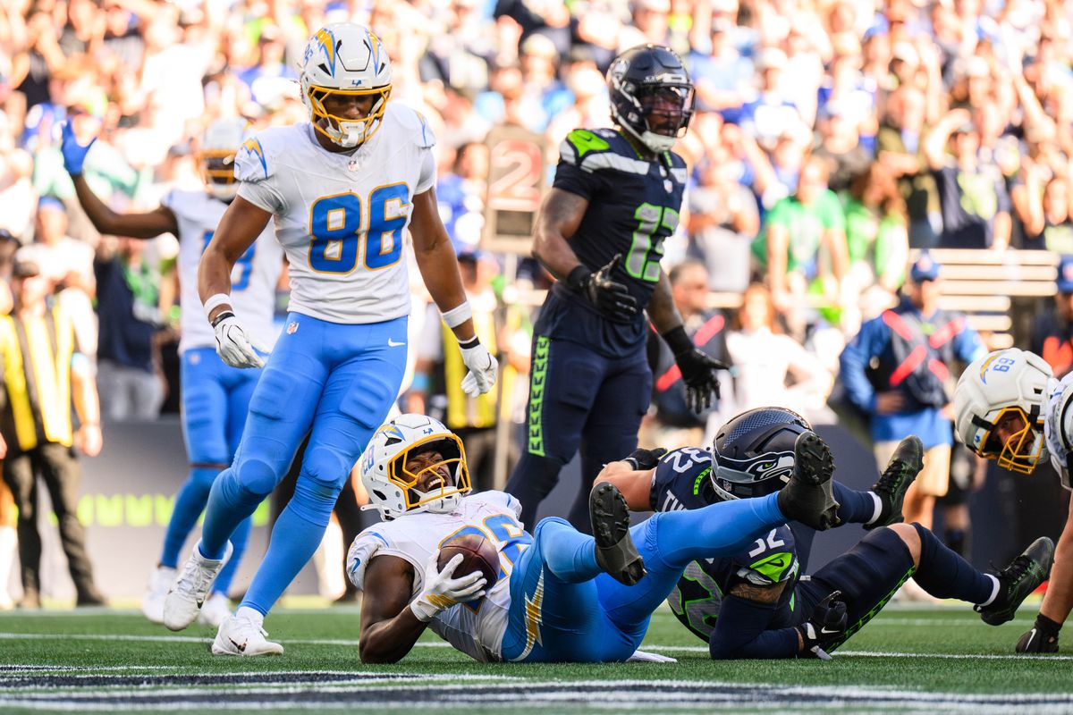 Los Angeles Chargers running back Kimani Vidal (28) scores a touchdown during an NFL game between the Los Angeles Chargers and Seattle Seahawks on Sunday, October 4, 2026 at Lumen Field in Seattle, Washington. Los Angeles Chargers running back Kimani Vidal (28) scores a touchdown during an NFL game between the Los Angeles Chargers and Seattle Seahawks on Sunday, October 4, 2026 at Lumen Field in Seattle, Washington.