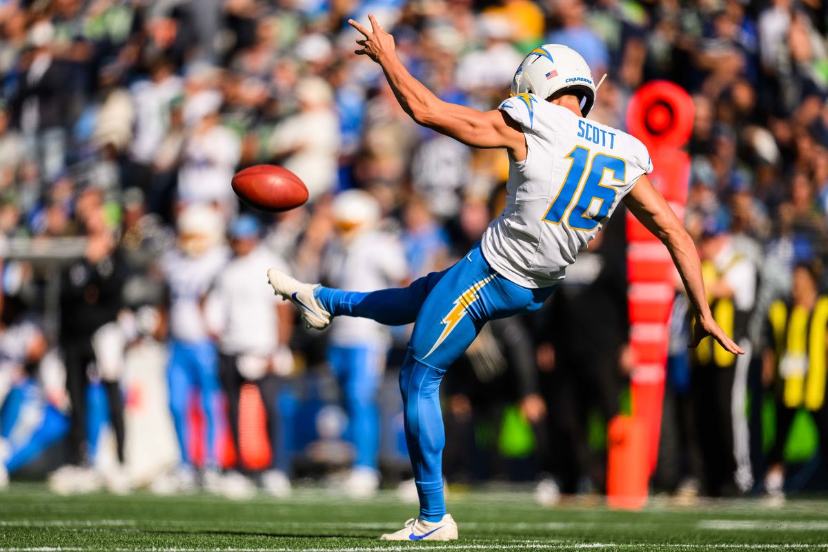 Los Angeles Chargers punter JK Scott (16) punts the ball during an NFL game between the Los Angeles Chargers and Seattle Seahawks on Sunday, October 4, 2026 at Lumen Field in Seattle, Washington Los Angeles Chargers punter JK Scott (16) punts the ball during an NFL game between the Los Angeles Chargers and Seattle Seahawks on Sunday, October 4, 2026 at Lumen Field in Seattle, Washington