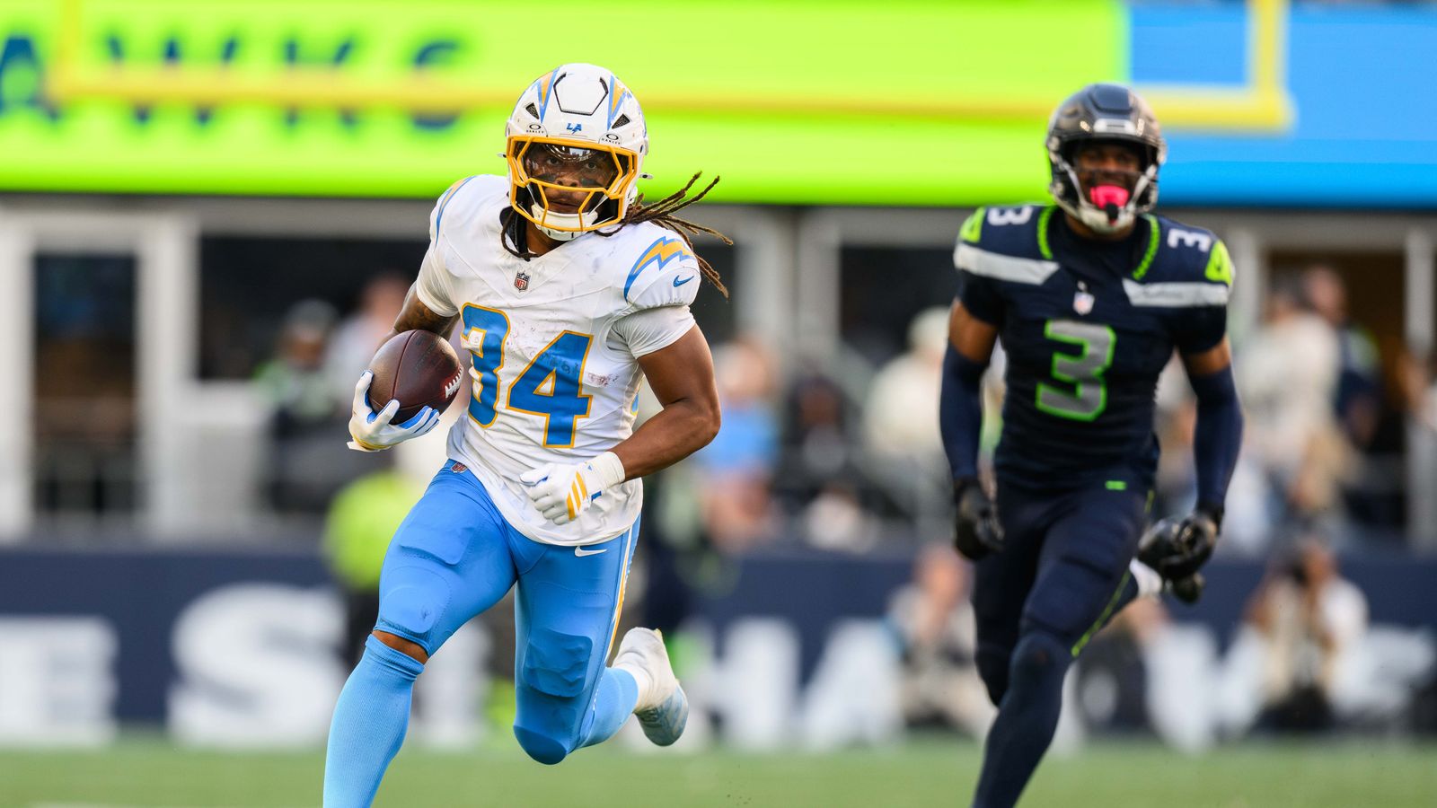 Los Angeles Chargers running back Keaton Mitchell (34) runs the ball during an NFL game between the Los Angeles Chargers and Seattle Seahawks on Sunday, October 4, 2026 at Lumen Field in Seattle, Washington
