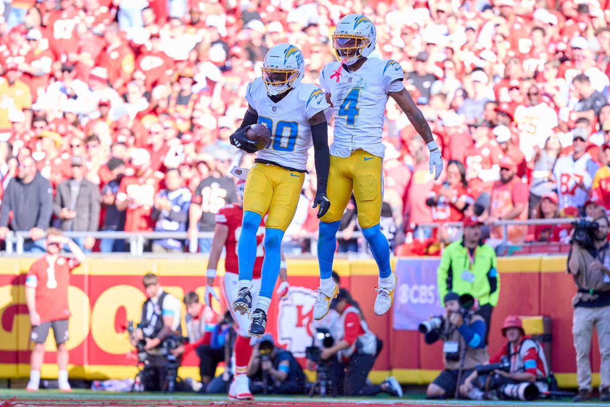 Cam Hart #20 of the Los Angeles Chargers celebrates with Tarheeb Still #4 of the Los Angeles Chargers after a play during an NFL football game against the Kansas City Chiefs, Sunday October 18, 2026 in Kansas City, Missouri. Cam Hart #20 of the Los Angeles Chargers celebrates with Tarheeb Still #4 of the Los Angeles Chargers after a play during an NFL football game against the Kansas City Chiefs, Sunday October 18, 2026 in Kansas City, Missouri.