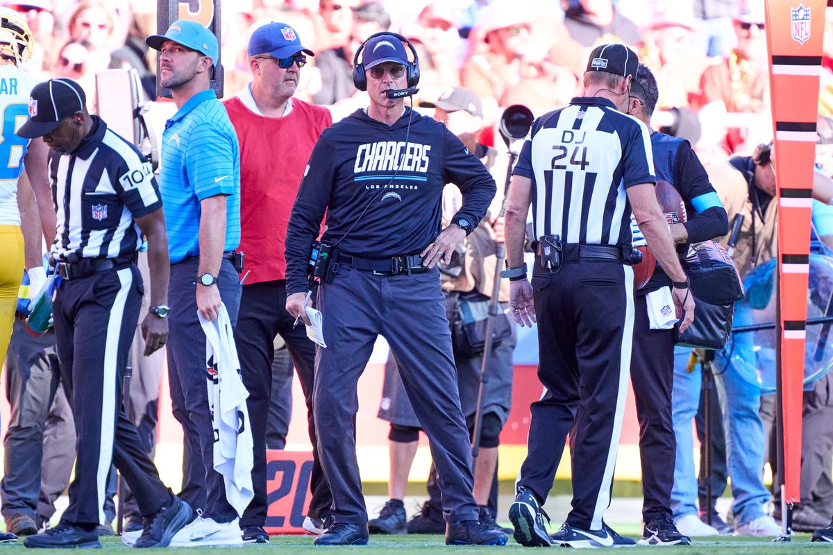Jim Harbaugh of the Los Angeles Chargers looks on during an NFL football game against the Kansas City Chiefs, Sunday October 18, 2026 in Kansas City, Missouri. Jim Harbaugh of the Los Angeles Chargers looks on during an NFL football game against the Kansas City Chiefs, Sunday October 18, 2026 in Kansas City, Missouri.